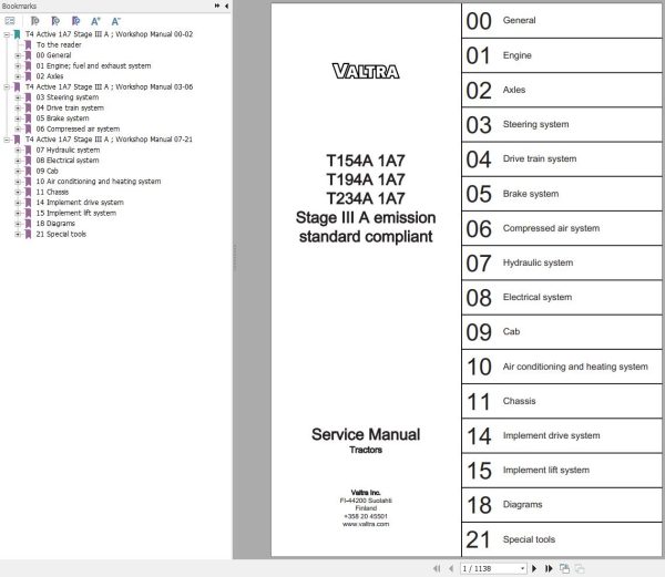 Valtra Tractor T154A1A7 T194A1A7 T234A1A7 Stage IIIA Service Manual 39294211