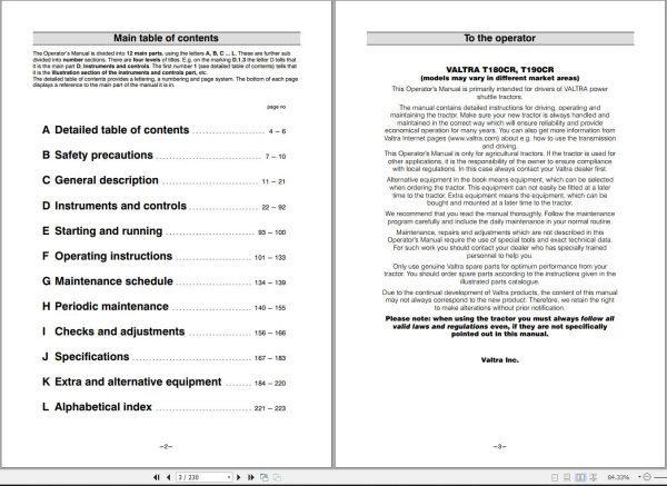 Valtra Tractor T180CR T190CR Operators Manual 39821215