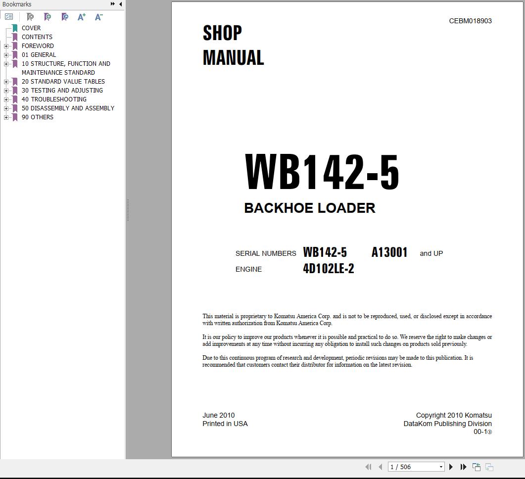 Komatsu Backhoe Loader WB142 5 Shop Manual CEBM018903
