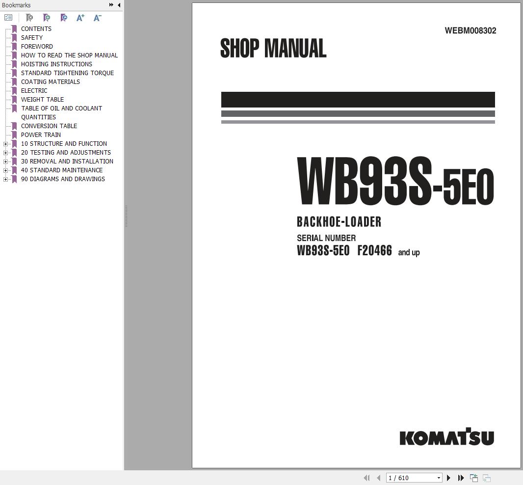 Komatsu Backhoe Loader WB93S 5E0 Shop Manual WEBM008302