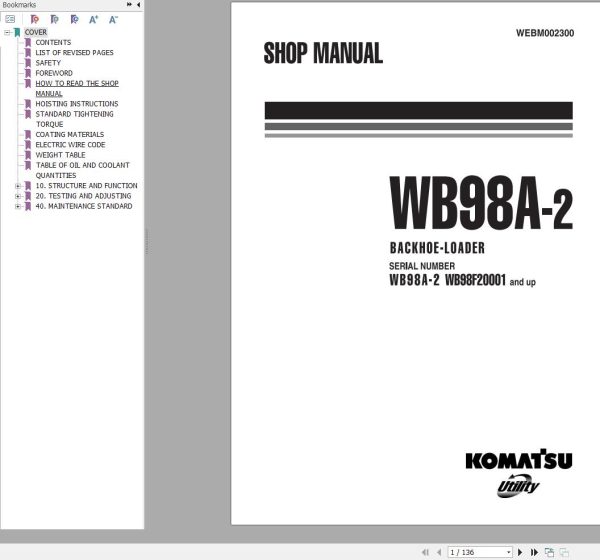 Komatsu Backhoe Loader WWB98A 2 Shop Manual WEBM002300