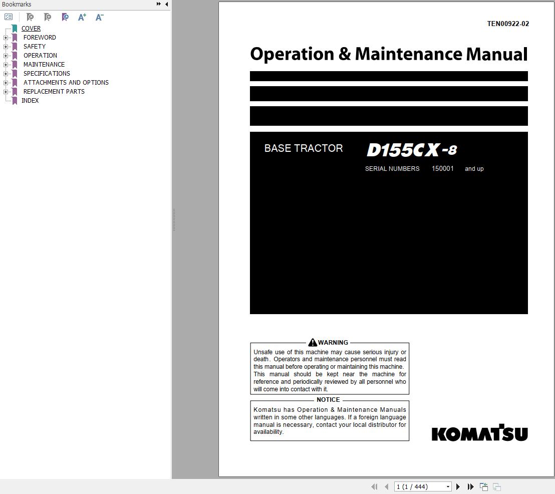 Komatsu Base Tractor D155CX 8 Operation Maintenance Manual TEN00922 02
