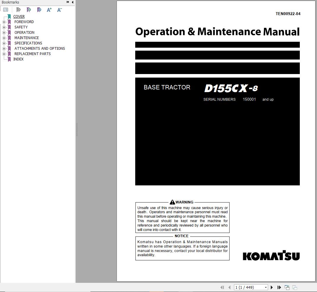Komatsu Base Tractor D155CX 8 Operation Maintenance Manual TEN00922 04
