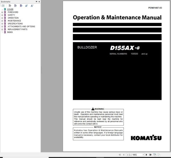 Komatsu Bulldozer D155AX 8 Operation Maintenance Manual PEN01407 03