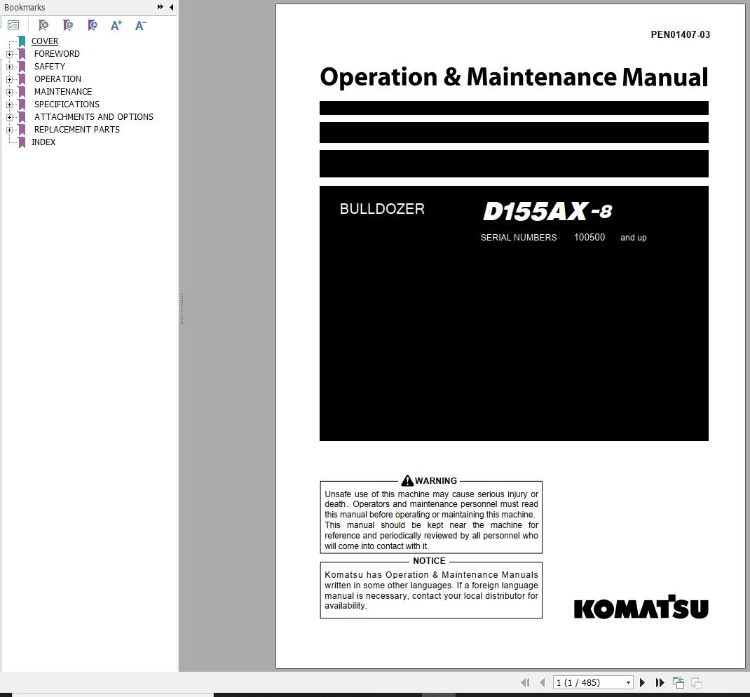 Komatsu Bulldozer D155AX 8 Operation Maintenance Manual PEN01407 03