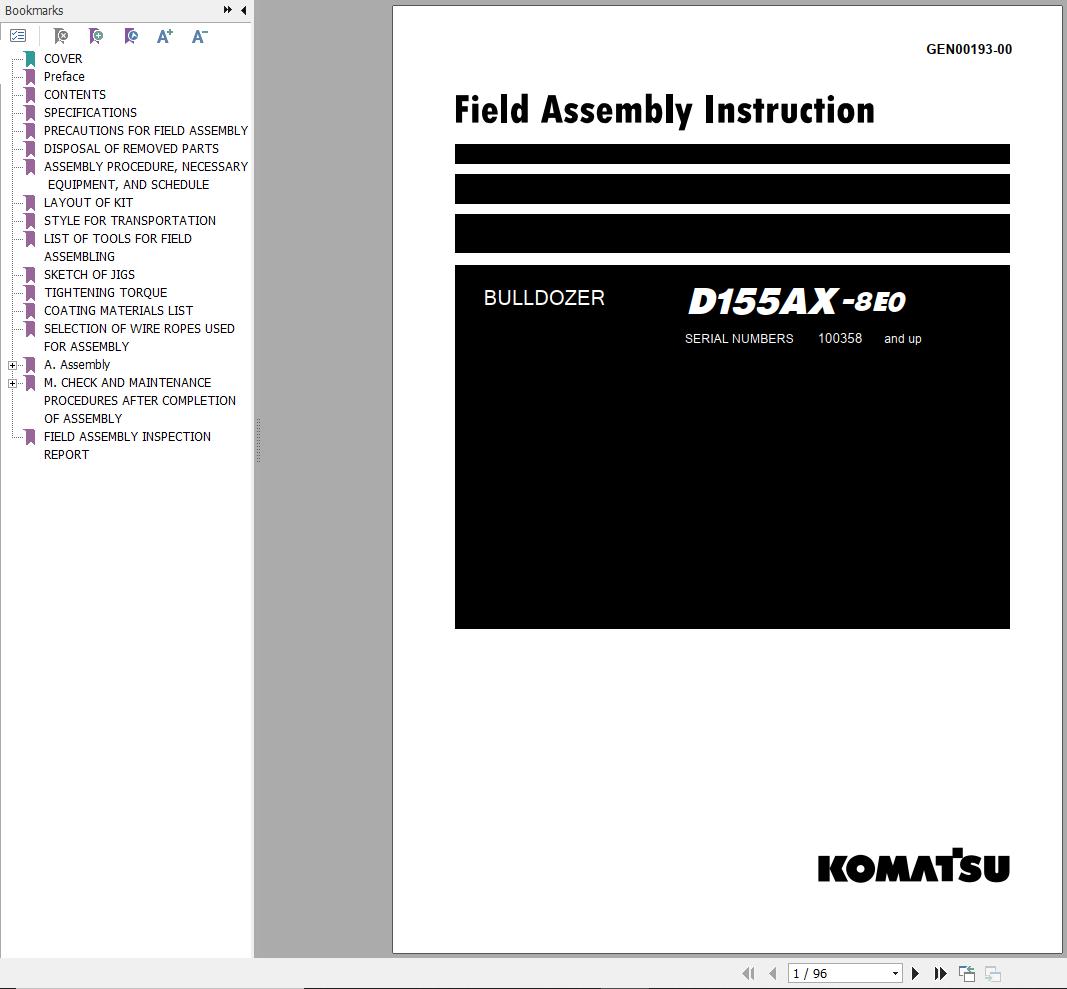 Komatsu Bulldozer D155AX 8E0 Field Assembly Instruction GEN00193 00