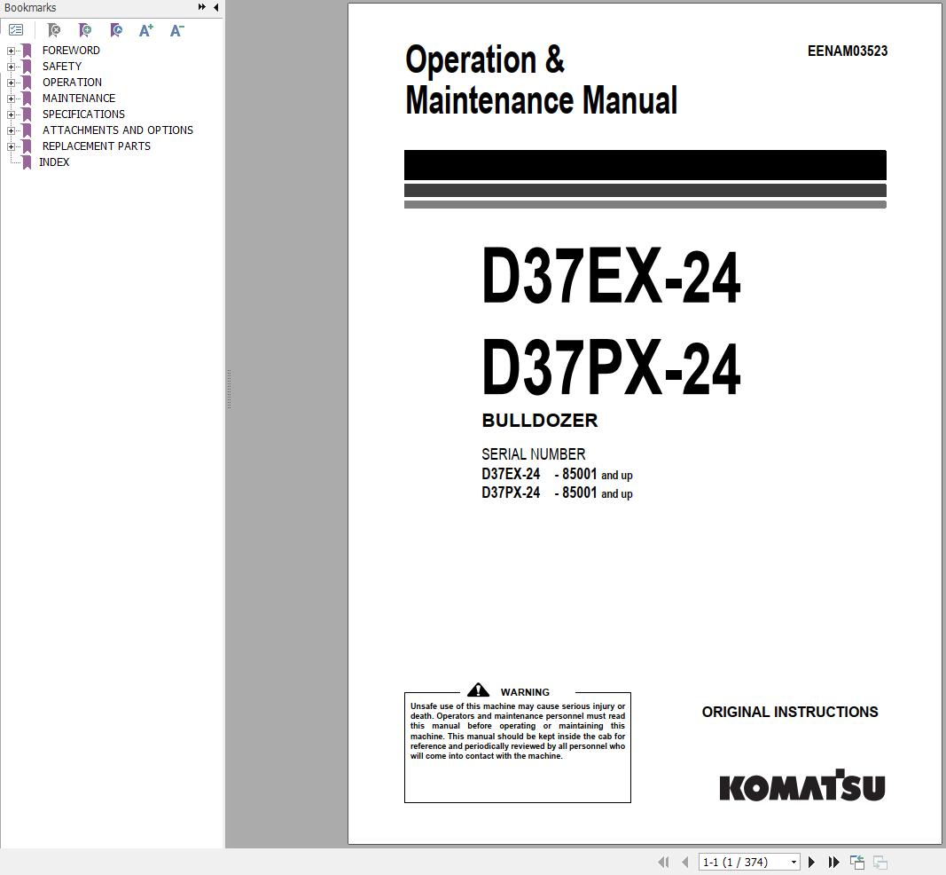 Komatsu Bulldozer D37EX 24 D37PX 24 Operation Maintenance Manual EENAM03523