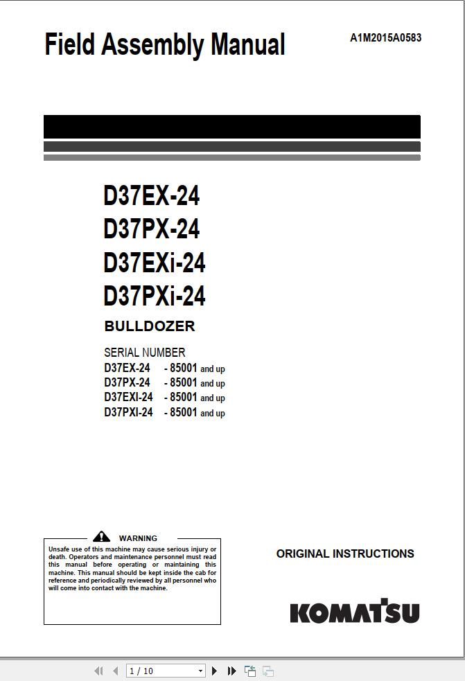 Komatsu Bulldozer D37EX 24 to D37PXi 24 Field Assembly Manual A1M2015A0583