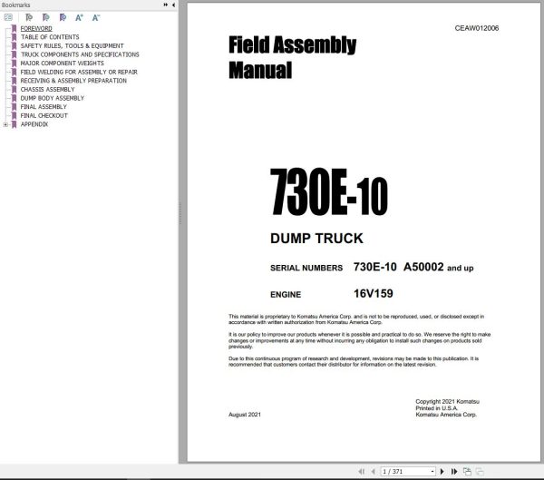 Komatsu Dump Truck 730E 10 Field Assembly Instruction CEAW012006