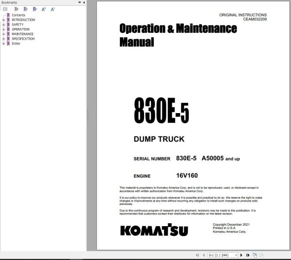 Komatsu Dump Truck 830E 5 Operation Maintenance Manual CEAM032209