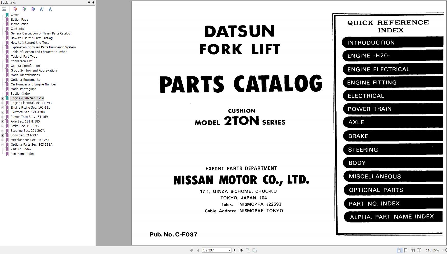 Nissan Forklift 2TON Series Parts Catalog CF037UBOOK