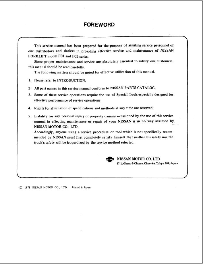 Nissan Forklift F01 F02 Series Service Manual