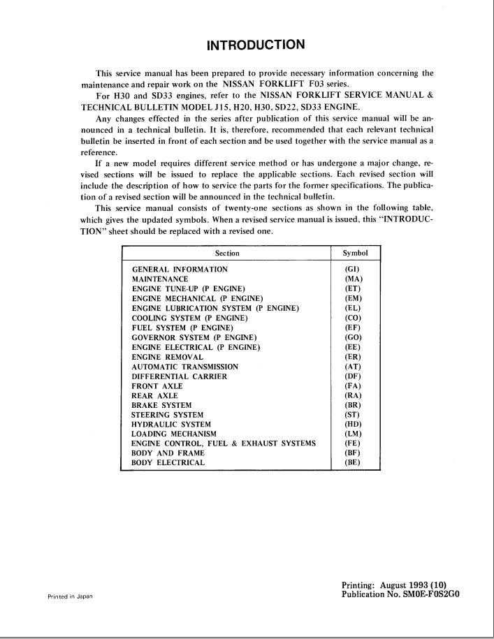 Nissan Forklift F03 Series Service Manual