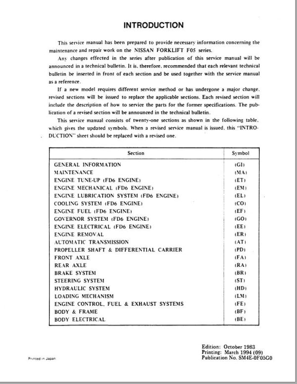 Nissan Forklift F05 Series Service Manual SM4E 0F05G0
