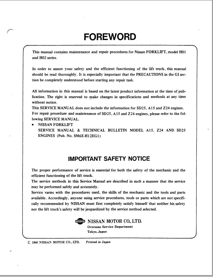 Nissan Forklift H01 H02 Series Service Manual