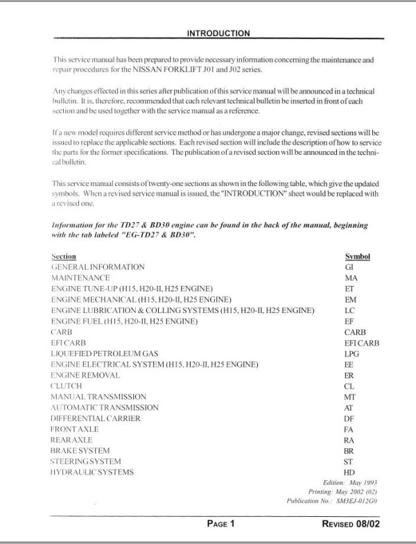Nissan Forklift J01 J02 Series Service Manual
