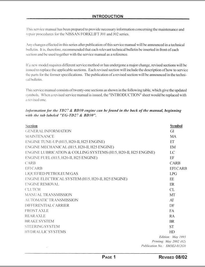 Nissan Forklift J01 J02 Series Service Manual