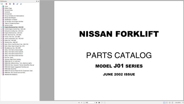 Nissan Forklift J01 Series Parts Catalog CF380 UBOOK