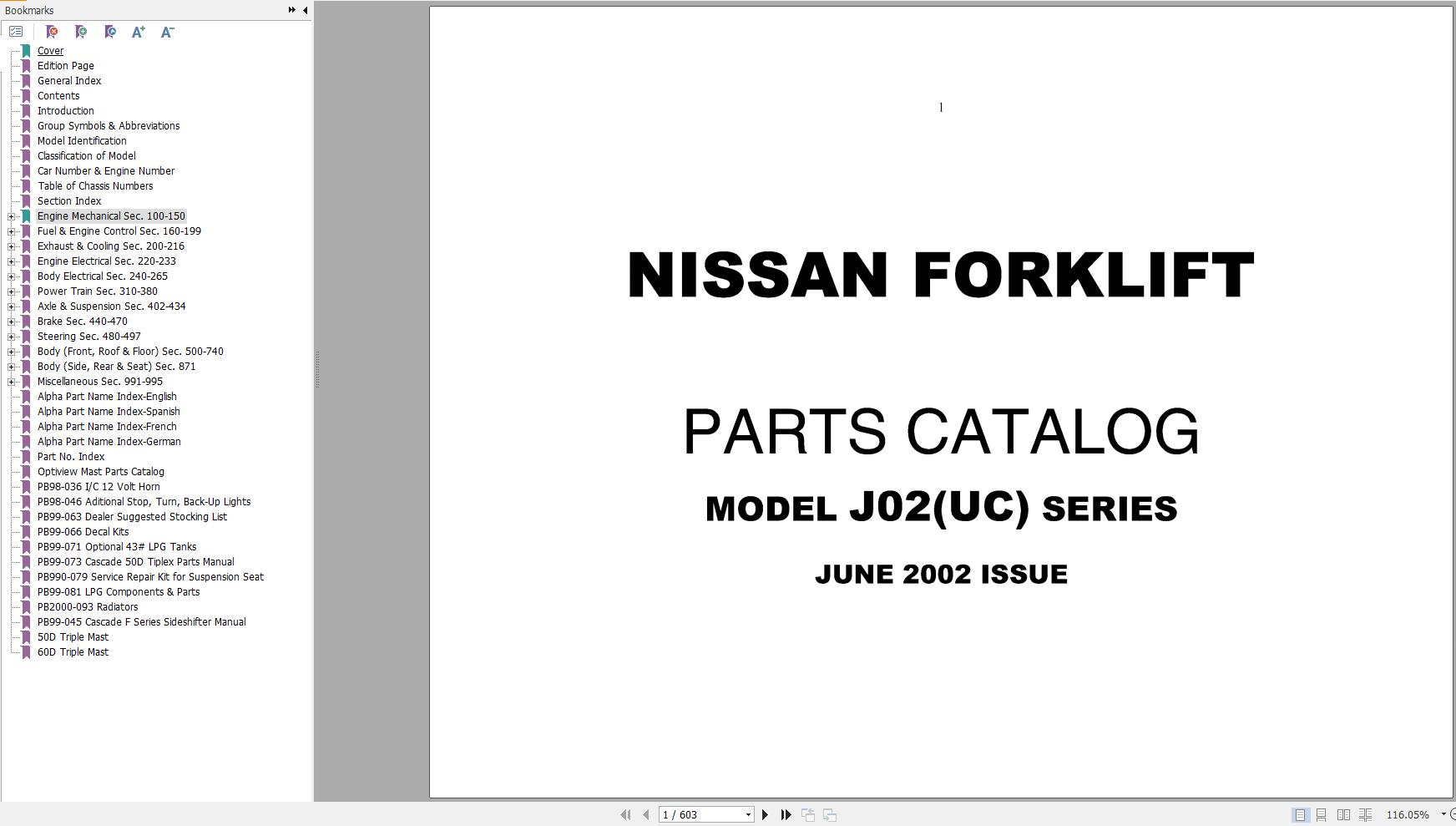 Nissan Forklift J02UC Series Parts Catalog CF390 UBOOK