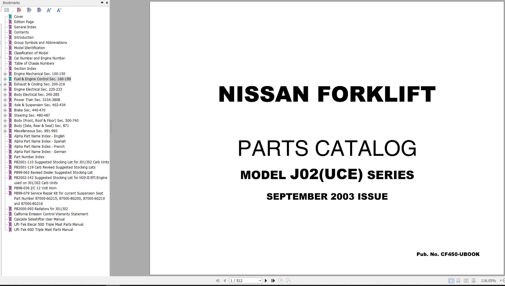 Nissan Forklift J02UCE Series Parts Catalog CF450 UBOOK
