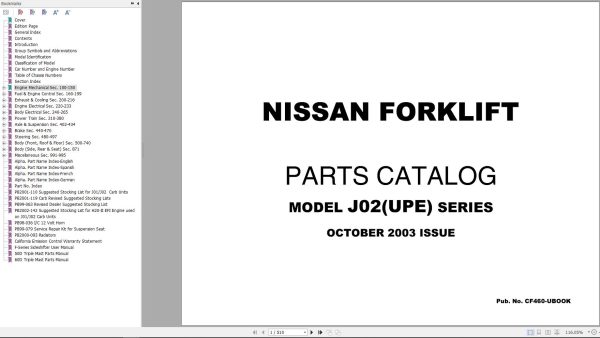 Nissan Forklift J02UPE Series Parts Catalog CF460 UBOOK