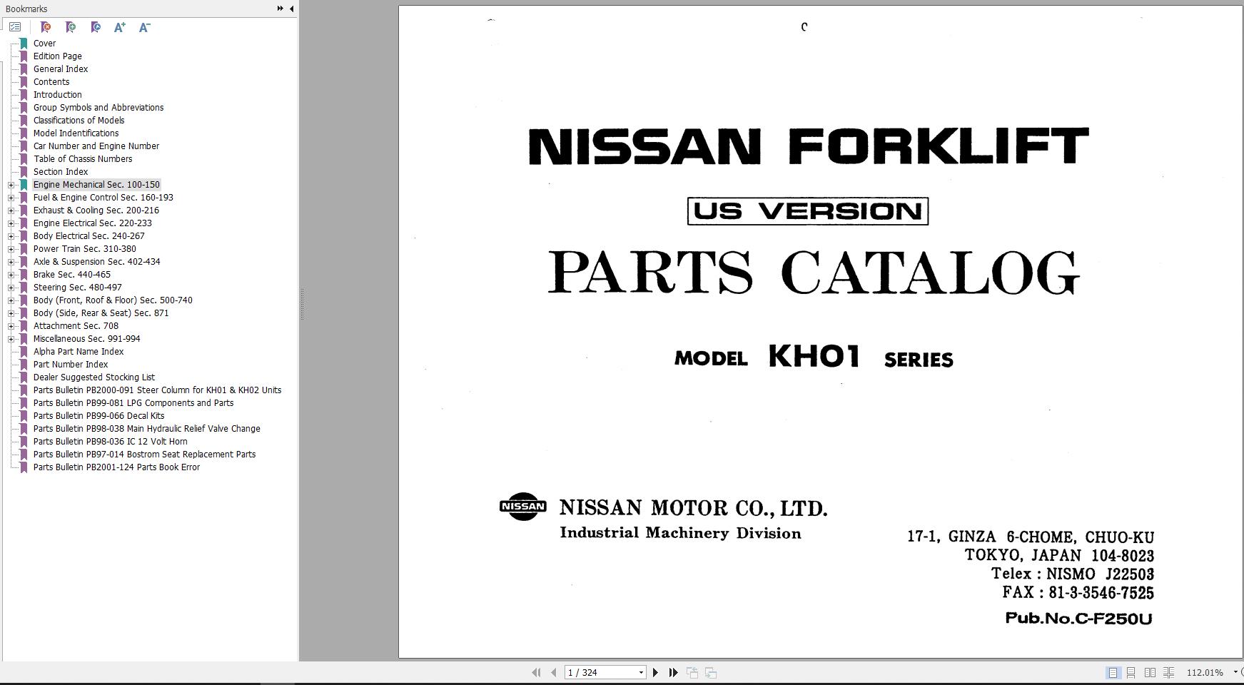 Nissan Forklift KH01 Series Parts Catalog CF250 UBOOK