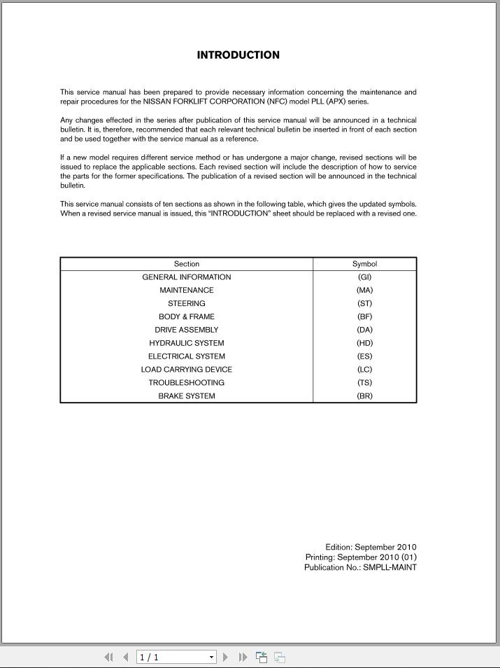 Nissan Forklift PLL Service Manual