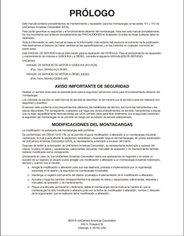 Unicarriers Forklift 1F1 1F2 Service Manual ES