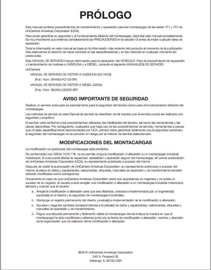 Unicarriers Forklift 1F1 1F2 Service Manual ES