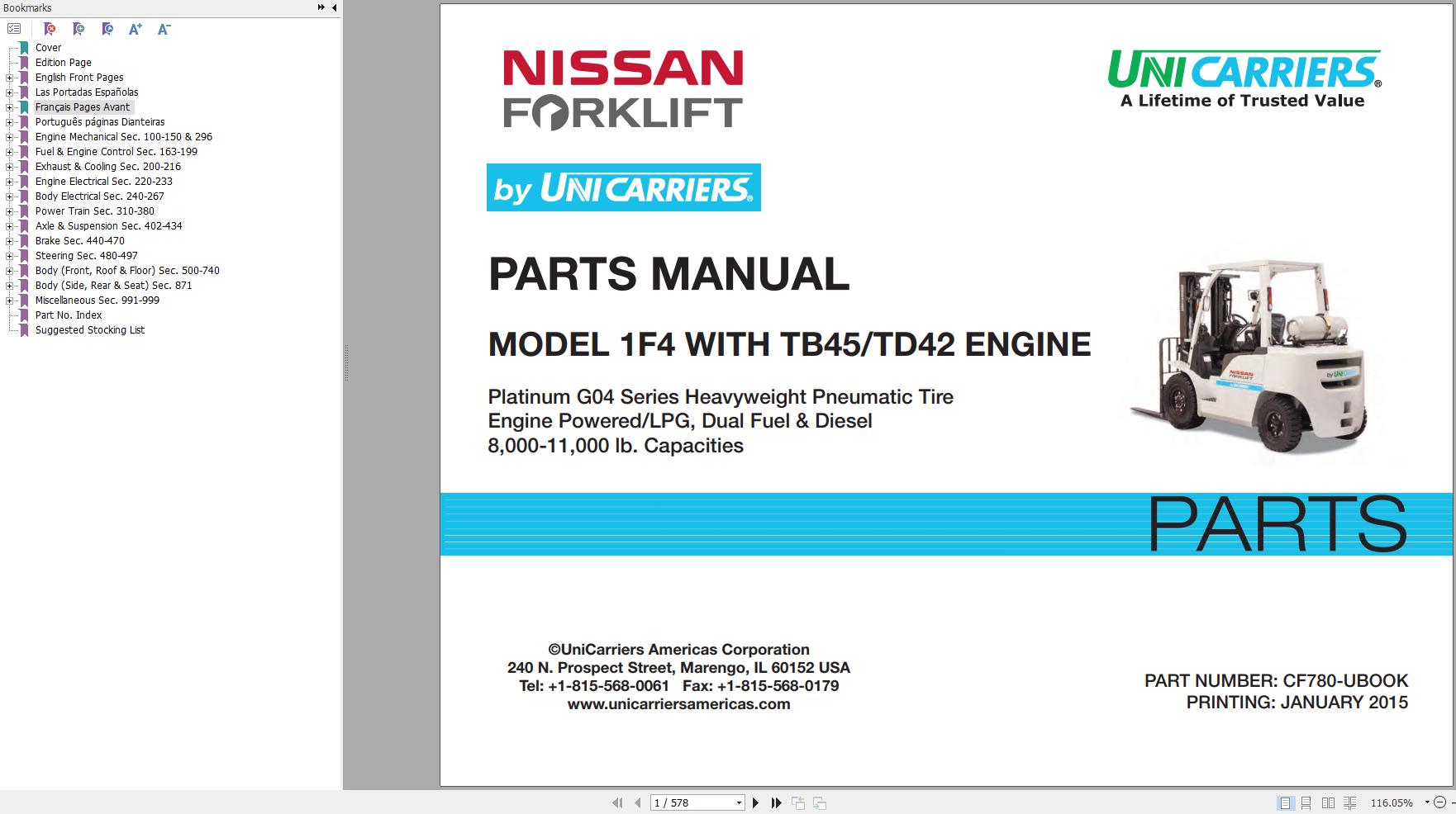 Unicarriers Forklift 1F4 Parts Manual
