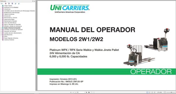 Unicarriers Forklift 2W1 2W2 Operators Manual 0M3UC 2W120 SP ES
