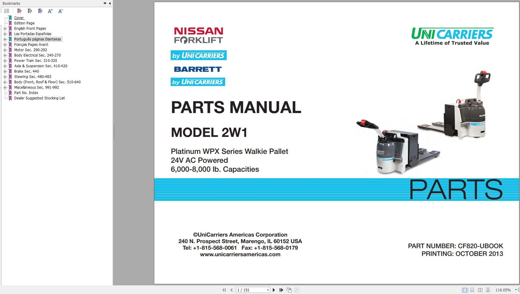 Unicarriers Forklift 2W1 Parts Manual CF820 UBOOK