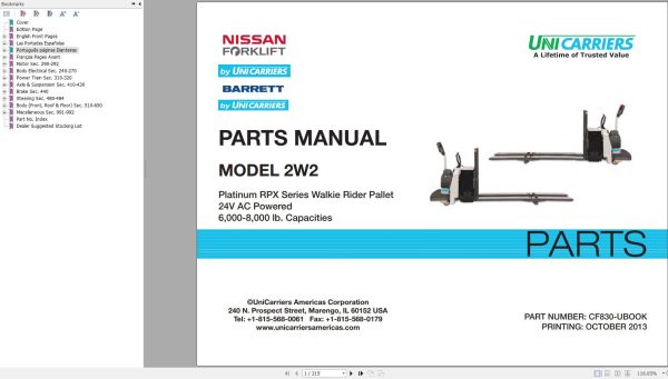 Unicarriers Forklift 2W2 Parts Manual CF830 UBOOK