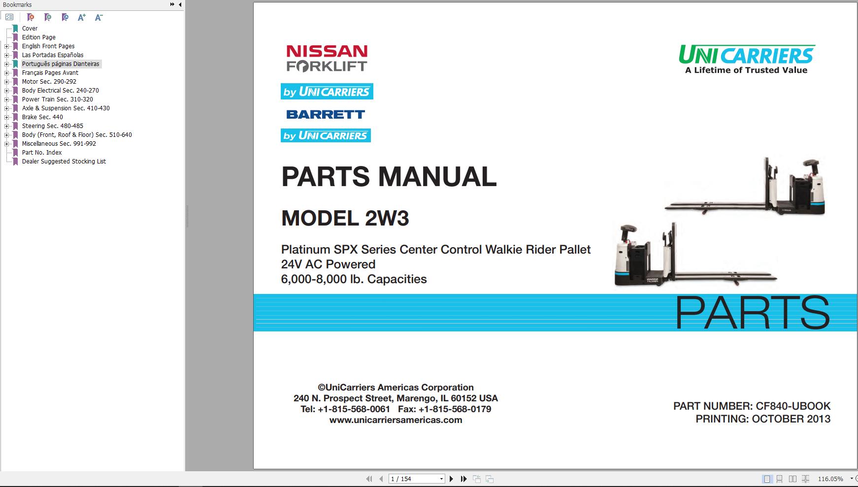Unicarriers Forklift 2W3 Parts Manual CF840 UBOOK