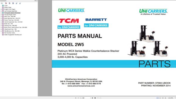 Unicarriers Forklift 2W5 Parts Manual CF860 UBOOK