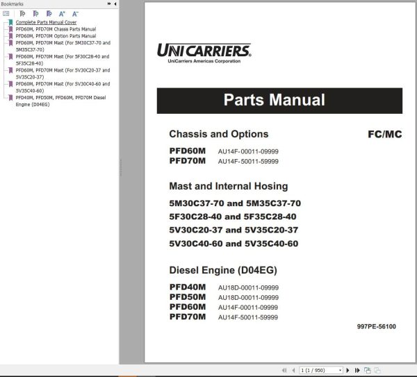 Unicarriers Forklift PFD60M PFD70M Parts Manual 997PE 56100