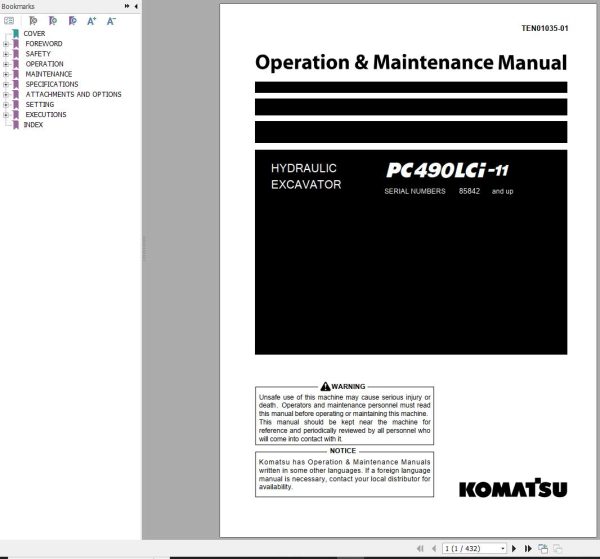 Komatsu Excavator PC490LCi 11 Operation Maintenance Manual TEN01035 01