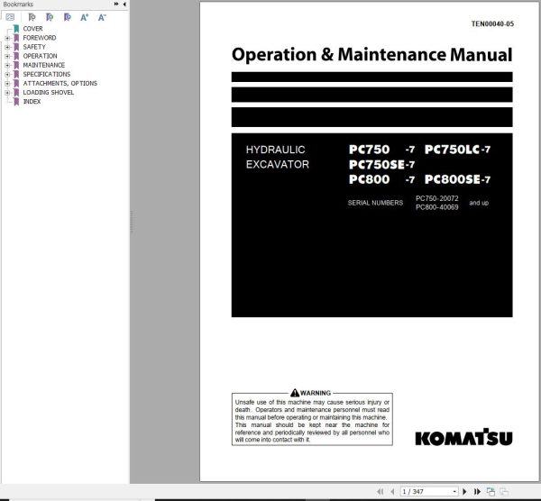 Komatsu Excavator PC750 7 to PC800SE 7 Operation Maintenance Manual TEN00040 05