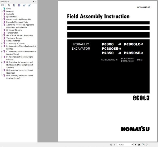 Komatsu Excavator PC800 8 to PC850SE 8 Field Assembly Instruction GEN00048 07
