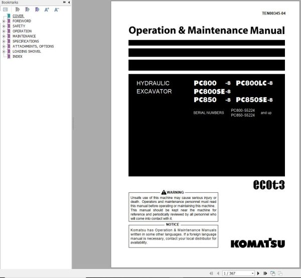Komatsu Excavator PC800 8 to PC850SE 8 Operation Maintenance Manual TEN00345 04