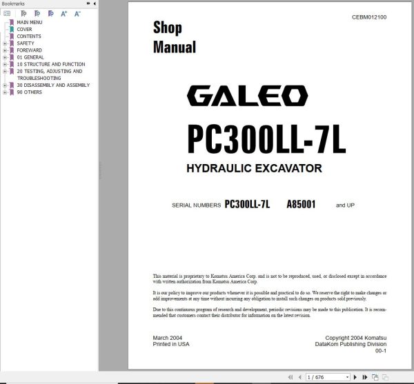 Komatsu HydrauLic Excavator Galeo PC300LL 7L Shop Manual CEBM012100