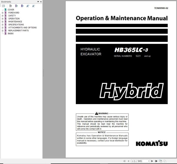 Komatsu Hydraulic Excavator HB365LC 3 Operation Maintenance Manual TEN00980 02