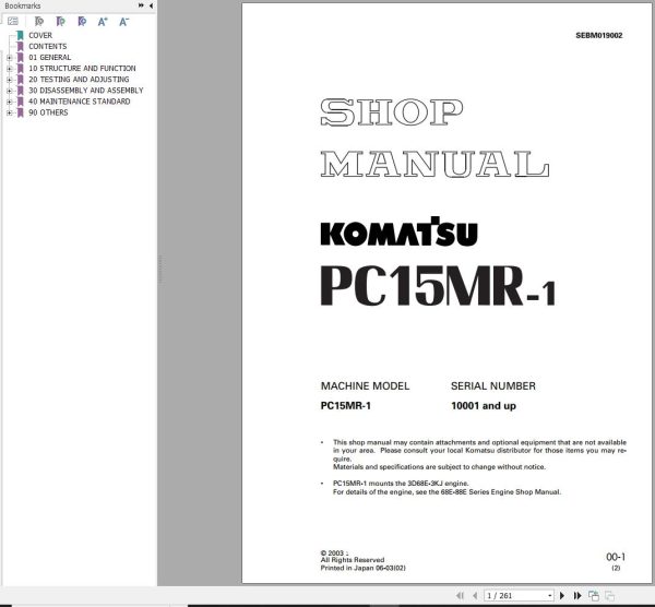 Komatsu Hydraulic Excavator PC15MR 1 Shop Manual SEBM019002