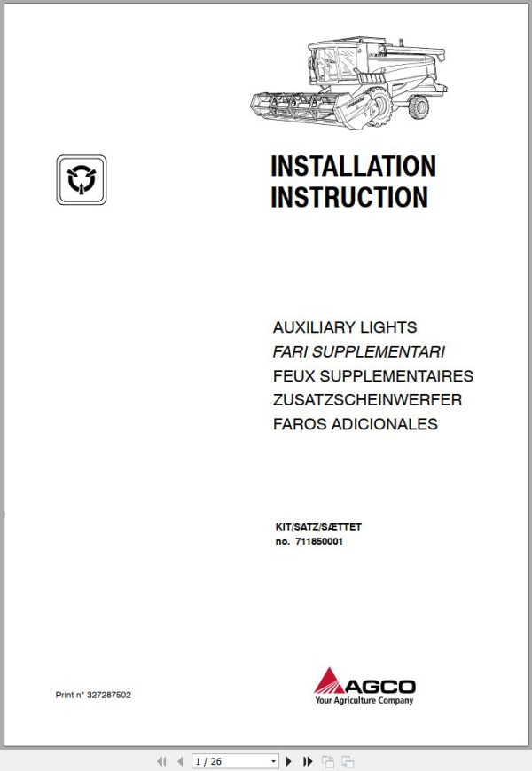 AGCO Combine Harvesters Auxiliary Lights Installation Instruction 327287502