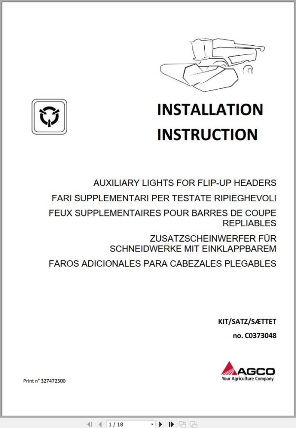 AGCO Combine Harvesters Auxiliary Lights for Flip Up Headers Installation Instruction 327472500
