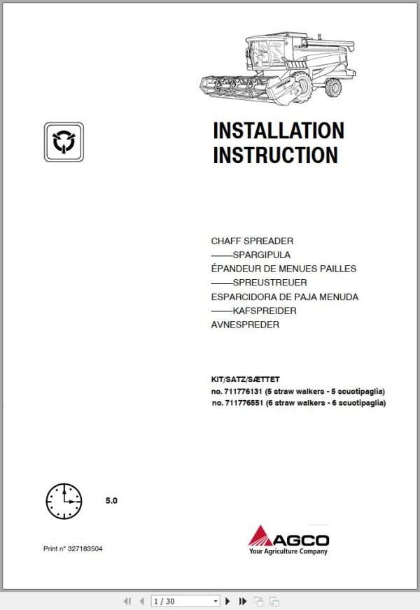 AGCO Combine Harvesters Chaff Spreader Installation Instruction 327183504
