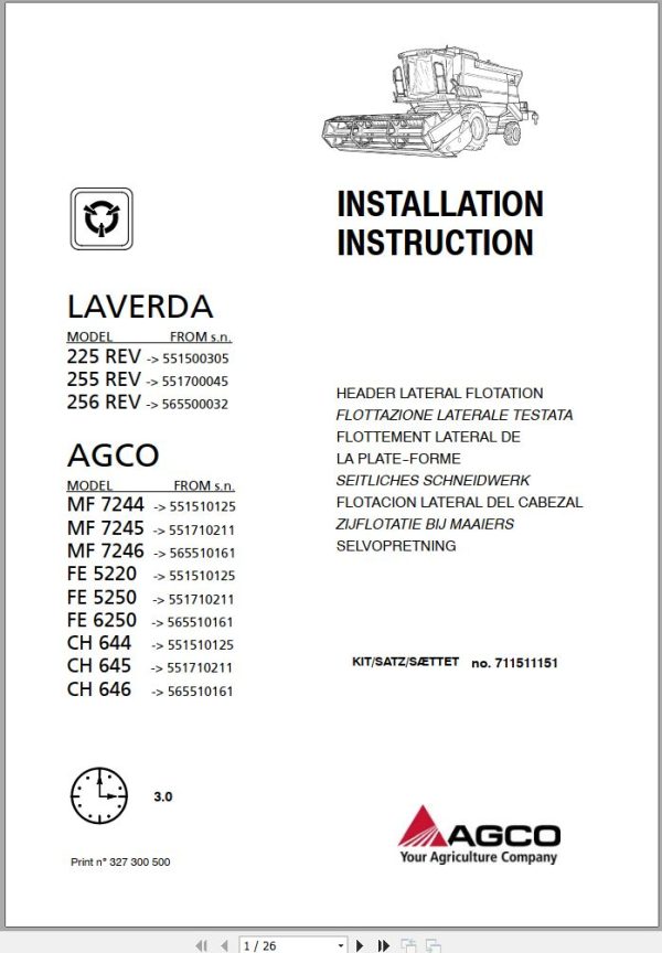 AGCO Combine Harvesters Header Lateral Flotation Installation Instruction 327300500