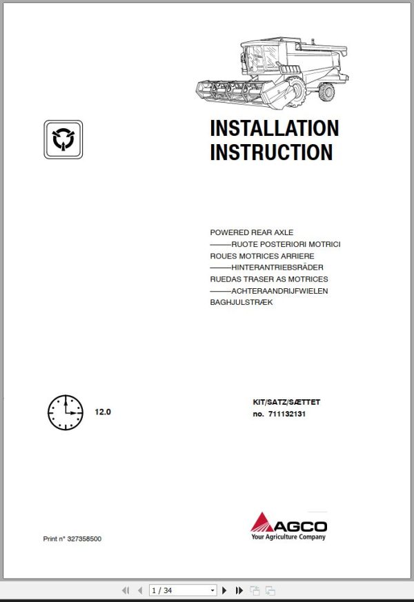 AGCO Combine Harvesters Powered Rear Axle Installation Instruction 327358500