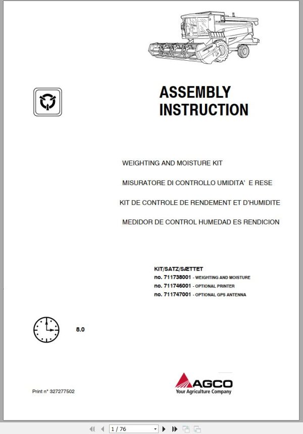 AGCO Combine Harvesters Weighting and Mostrure Kit Assembly Instruction 327277502