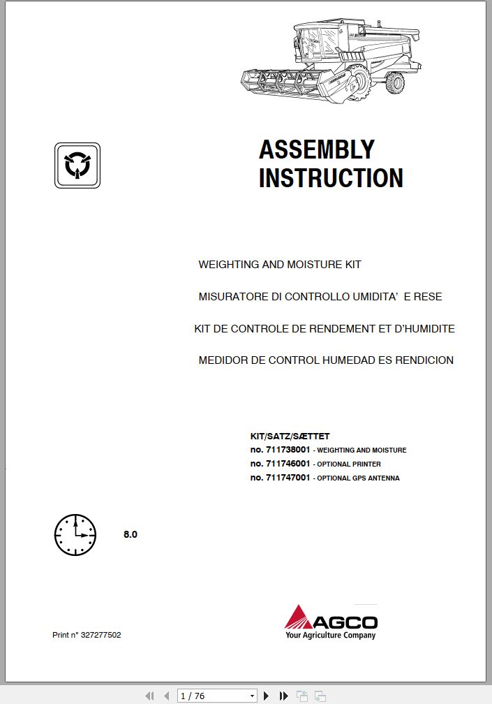 AGCO Combine Harvesters Weighting and Mostrure Kit Assembly Instruction 327277502
